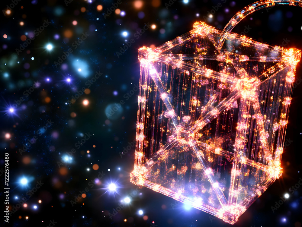 Poster glowing geometric structure floats in a sparkling cosmic background with colorful bokeh