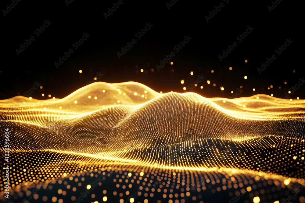 Poster golden particle wave flows smoothly on a dark background with glowing dots