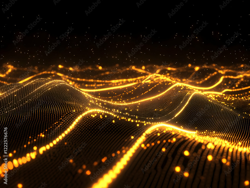 Poster abstract 3d golden particle waves flowing smoothly in the dark background.