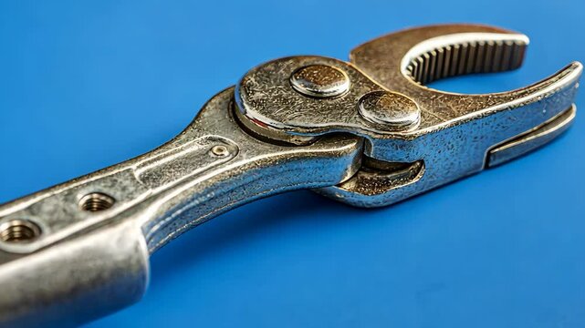 Close-up view of a shiny adjustable wrench on a blue background highlighting its design and functionality