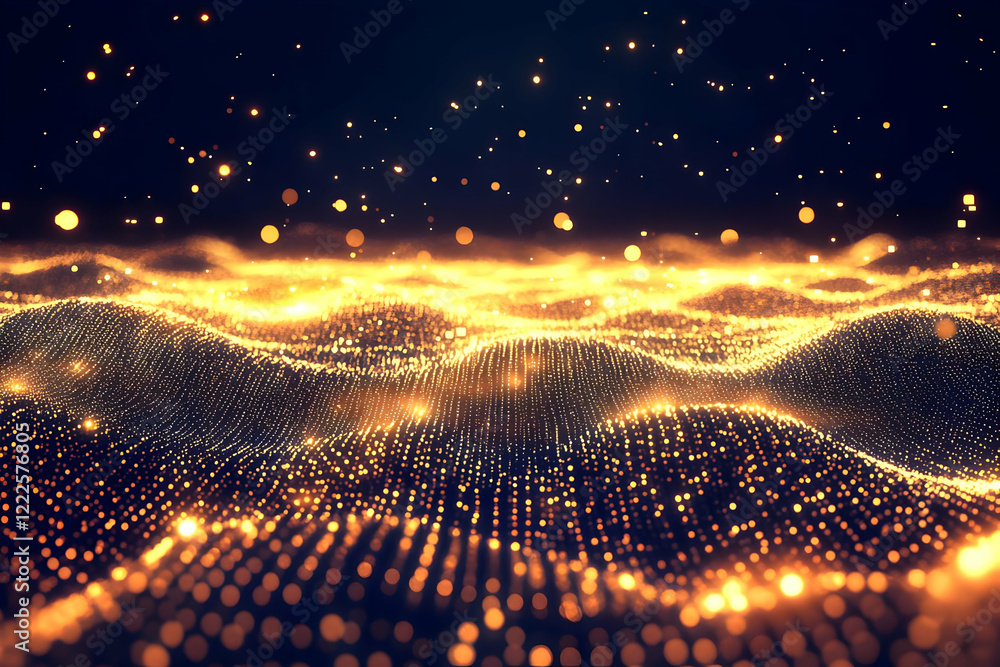 Poster abstract golden particles flowing and forming wavy landscape with bokeh effect
