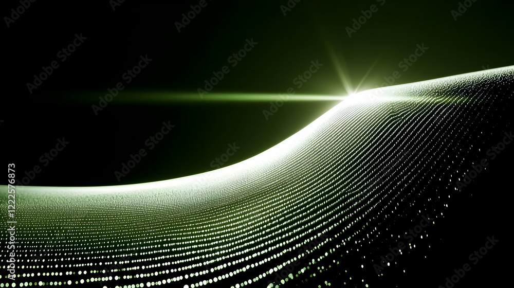 Poster abstract green wave of particles flows smoothly in the dark with bright light