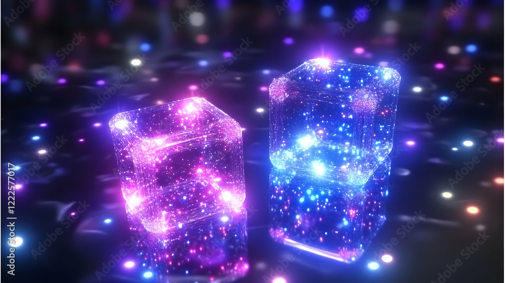 Aufkleber 3d render of glowing wireframe cubes with particles on a reflective surface