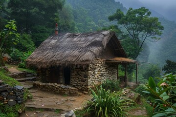 Stone hut with thatched roof blending seamlessly with the natural beauty of the mountains, creating a serene and picturesque scene