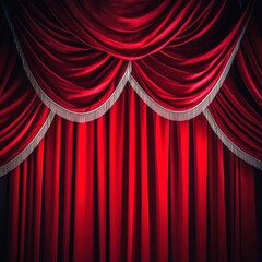 Luxurious red curtains hang elegantly in a grand theater setting, theater red curtain for advertisement banner, theatre advertising image