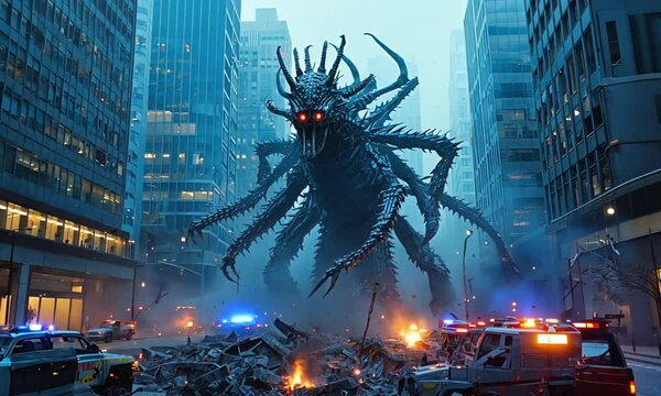 Background of giant monsters rampaging and destroying the city