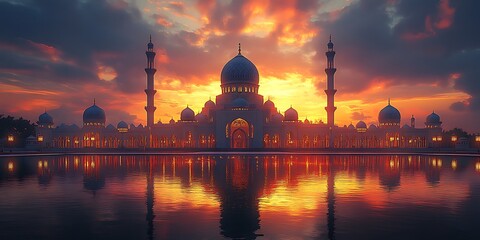 Golden Sunset Casting Silhouettes of Mosque with Reflections on Calm Water

