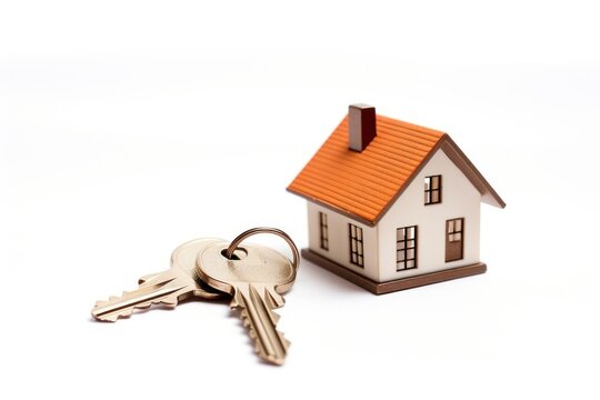 House keys with house shaped keychain white background architecture building.