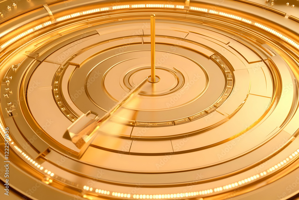 Poster golden circular mechanism rotates smoothly with glowing lights in a futuristic style.