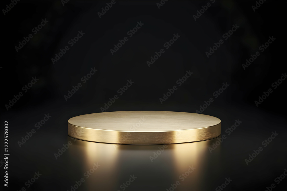 Poster empty golden round podium on a black glossy surface with soft lighting