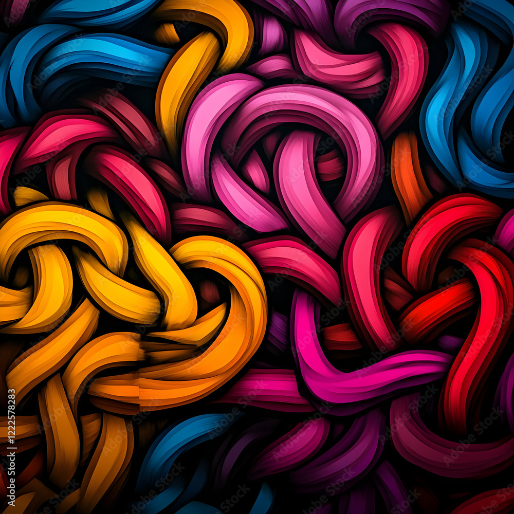 Poster abstract background displays vibrant intertwined 3d ribbons in dynamic composition.