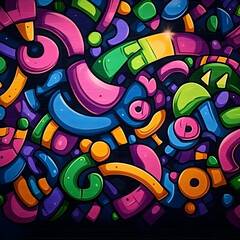 Obraz premium Colorful Abstract Shapes Dance on a Dark Wooden Background, Creating a Vibrant and Playful Design.