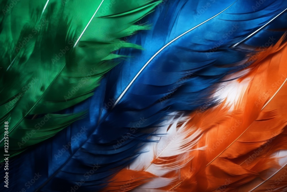 Poster colorful feathers are overlapping, creating a vibrant and textured background, full of detail and so