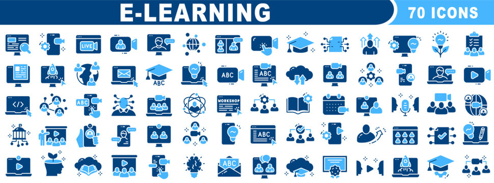 Big set of e-learning related solid icons. Education, online, seminar, conference etc