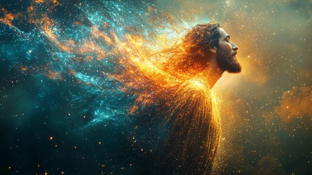 Jesus represented as a divine figure emerging from a digital cloud of data and code, symbolizing the connection between faith and modern technology