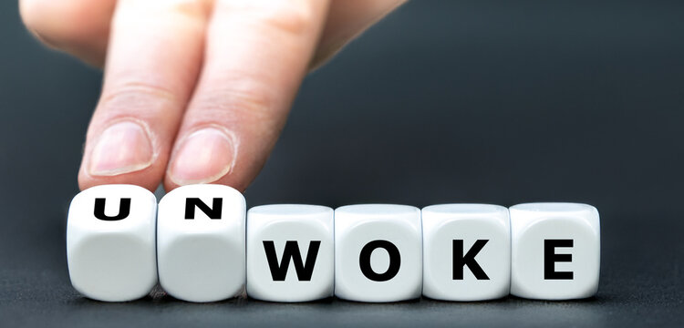 Hand turns cubes and changes the word 'woke' to 'unwoke'.
