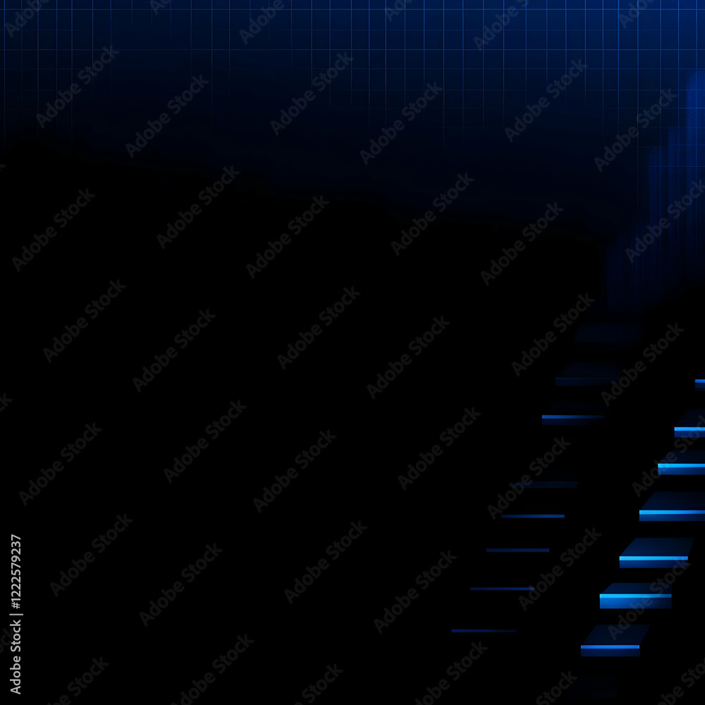 Poster abstract blue stairs ascending on dark background with grid pattern