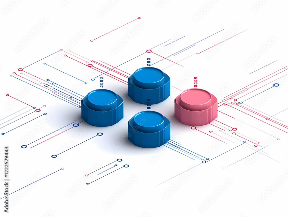 Poster 3d cylinders connected by abstract lines and circles on white background