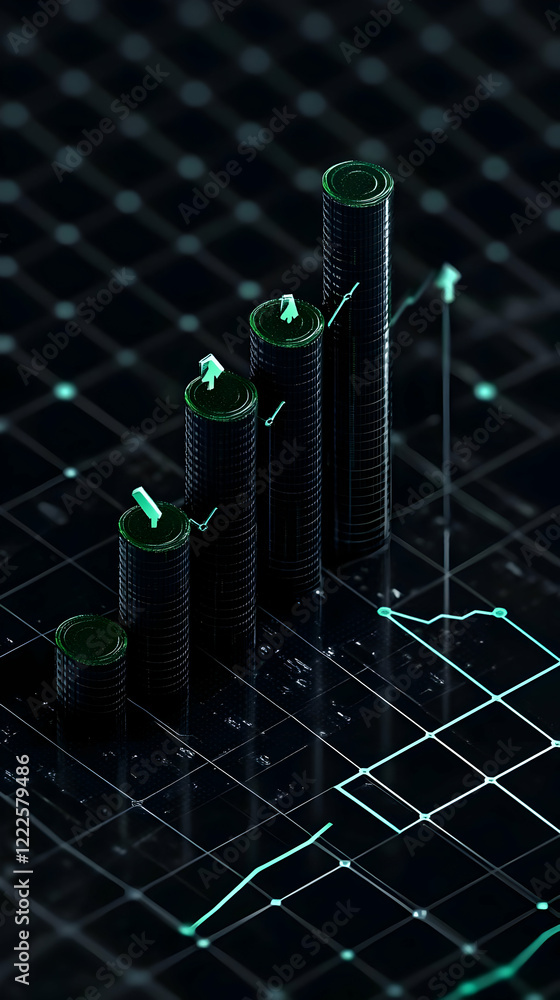 Aufkleber 3d bar graph shows growth and progress with upward trend on a digital grid background