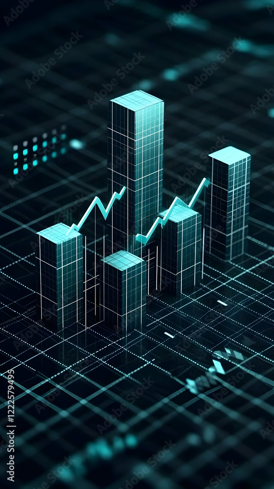 Poster 3d bar graph shows growth trend with upward arrow on a digital grid background