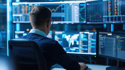 professional in modern control room monitors multiple screens displaying data, charts, and global maps, reflecting high tech environment for analysis and decision making