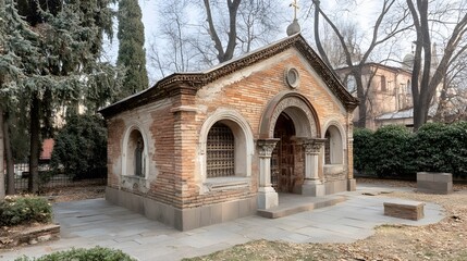 Obraz premium Ancient Brick Chapel Exterior Autumn Scenery