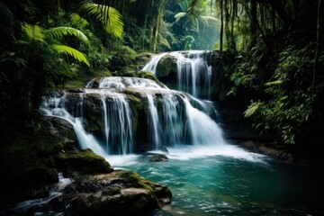 Waterfall in the tropical jungle vegetation landscape outdoors.