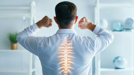man in white shirt is shown from back, with glowing illustration of spine superimposed on his back, symbolizing spinal health and posture awareness