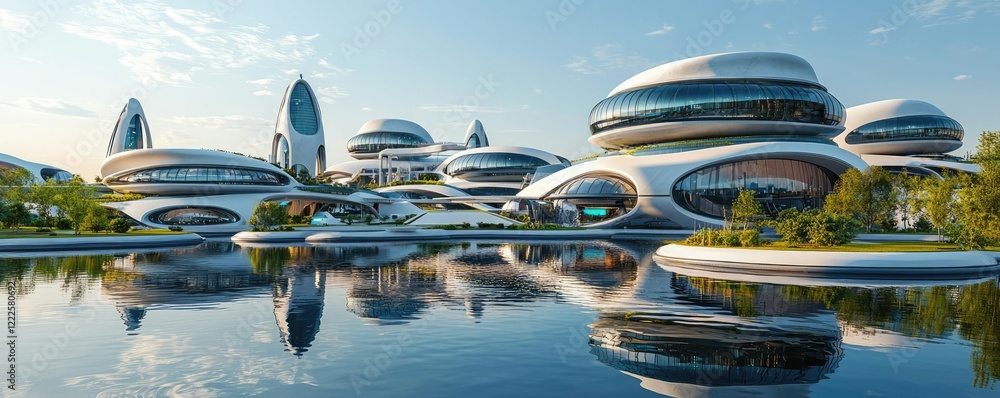 Poster carbon reduction idea. futuristic architecture reflecting innovation and harmony with nature by the 