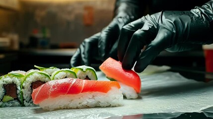 Carefully prepared sushi with fresh ingredients.