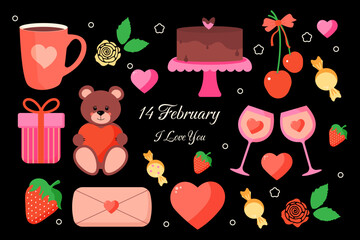 Set of elements for Valentine's Day. Design concept for February 14. Gifts, hearts, cake, cherry, mug, flowers, roses, strawberries.