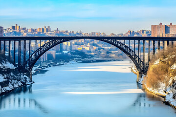 Fototapeta premium Arch Bridge Spans Icy River Flows Through Urban Landscape with Cityscape Backdrop Beautifully.