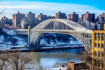 Naklejka premium Urban Bridge Spans River with Winter Cityscape, Connecting Snowy Banks and Residential Buildings.