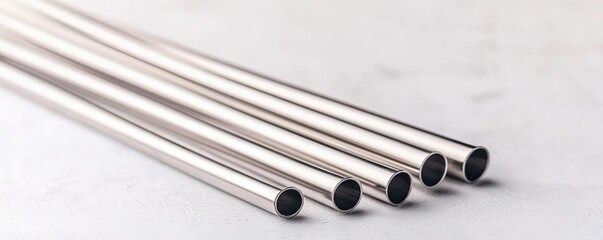 Zero waste concept. Stainless steel tubes arranged neatly on a light background for industrial use.