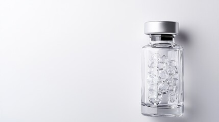 Medical vial with crystals on white background; healthcare, science, medicine, research