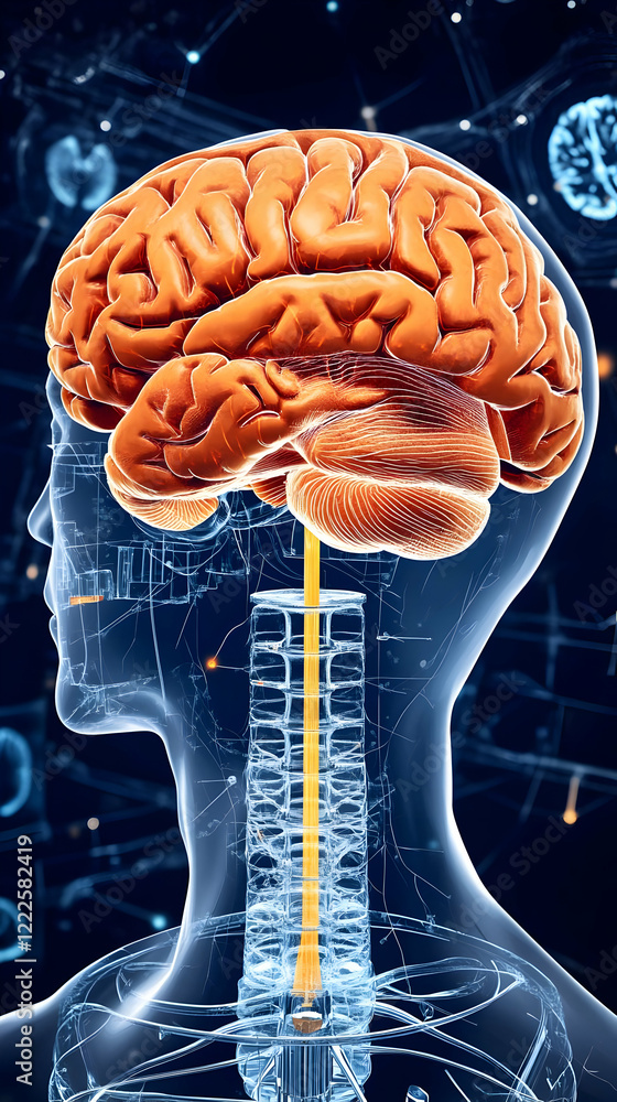 Poster 3d illustration of human brain connected to spinal cord, showing neural pathways with abstract backg