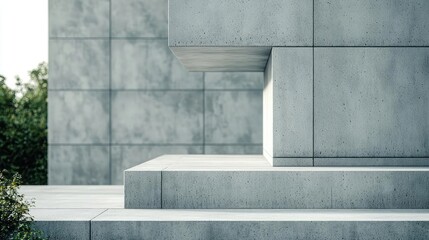 Carbon reduction idea. Minimalist architectural detail featuring concrete blocks and greenery in modern design.