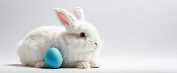 Fototapeta premium Adorable white bunny sitting beside a bright blue Easter egg, isolated on a clean white background. Festive spring concept
