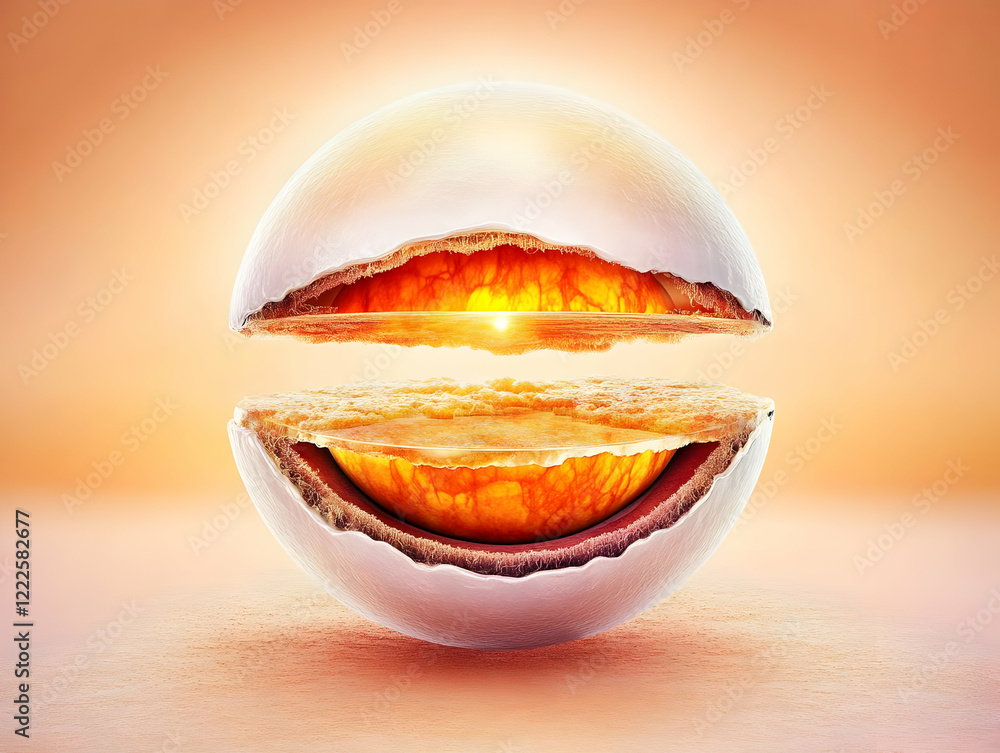 Poster cross-section of a sphere reveals inner core with glowing center and textured layers