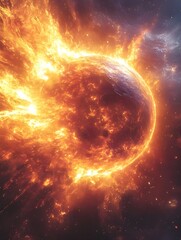 A background of a pulsating orb with radiant energy streams emanating outward.