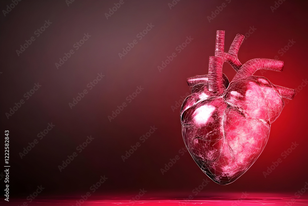 Poster 3d anatomical heart model shows internal structure with red hues, enhancing visual representation.