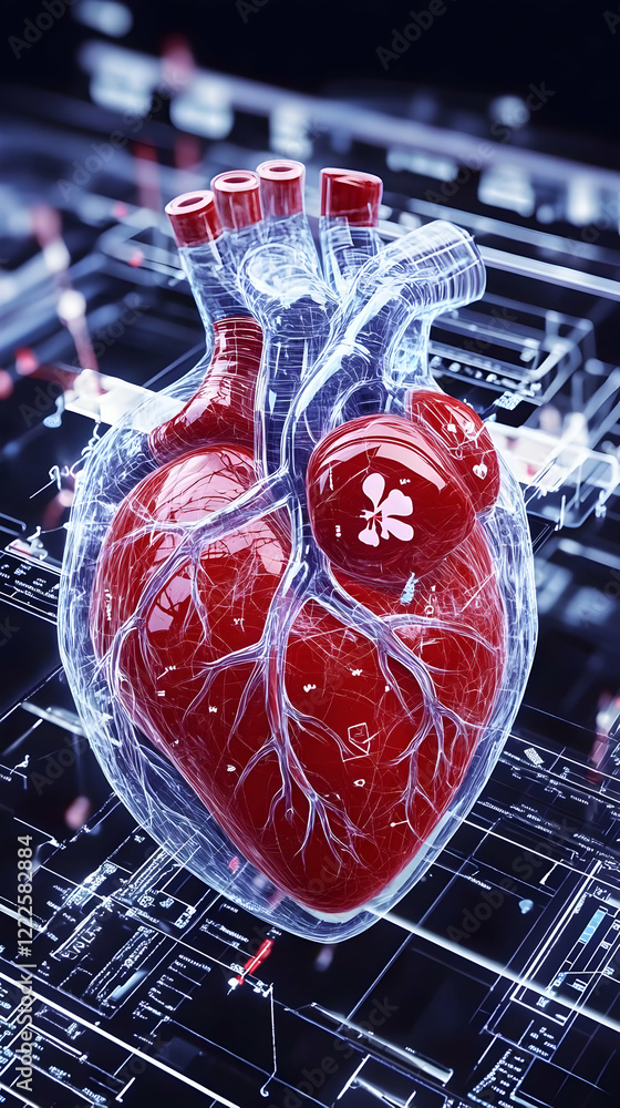 Aufkleber 3d anatomical heart model shows internal structure with clover overlaid on digital display