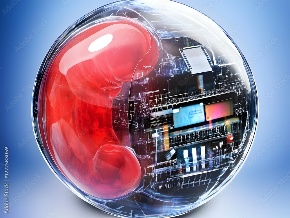 Aufkleber red fluid and circuitry contained within a transparent sphere on a blue background