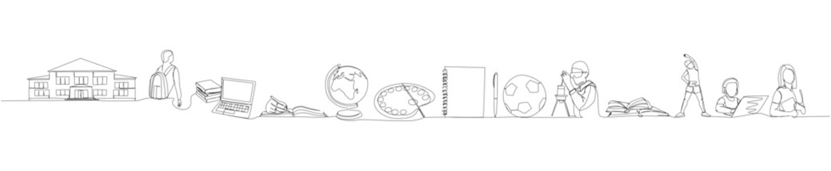 set of studies at school, college, university one line art. Continuous line drawing of online knowledge, learning, education, teaching, solving problems, student life
