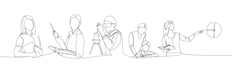 Set of teachers explains the material, points with a pointer one line art. Continuous line drawing of online knowledge, learning, education, teaching, solving problems, student life
