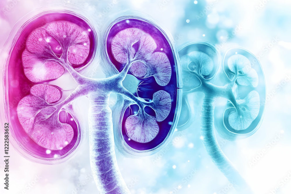 Aufkleber cross-section of kidneys showing internal structure and vessels with light bokeh background