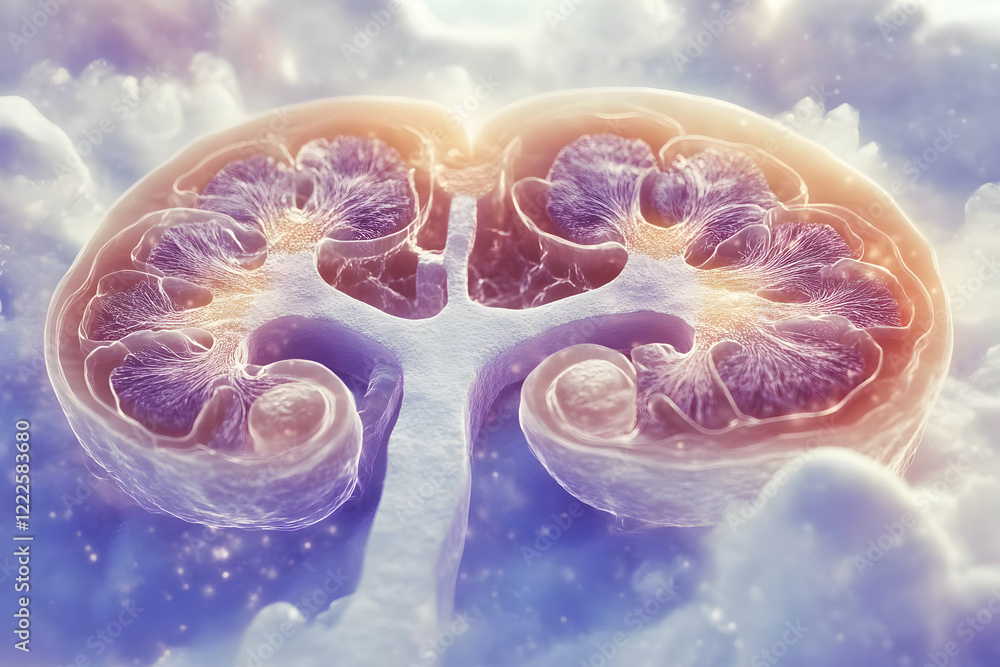 Poster cross-section of an organ with intricate internal structure in a soft, cloudy environment