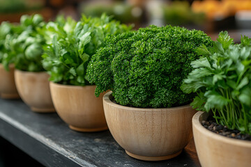 A vibrant background featuring fresh herbs neatly arranged on a rustic market table.