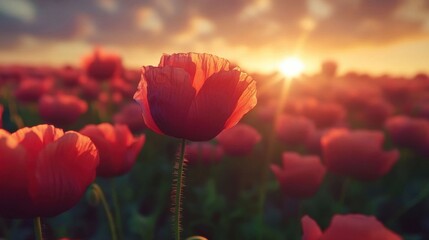 Close-up of poppy flowers at sunset.