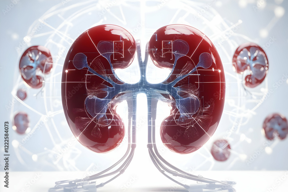 Poster 3d illustration of human kidneys showing internal structure and connected with futuristic network in